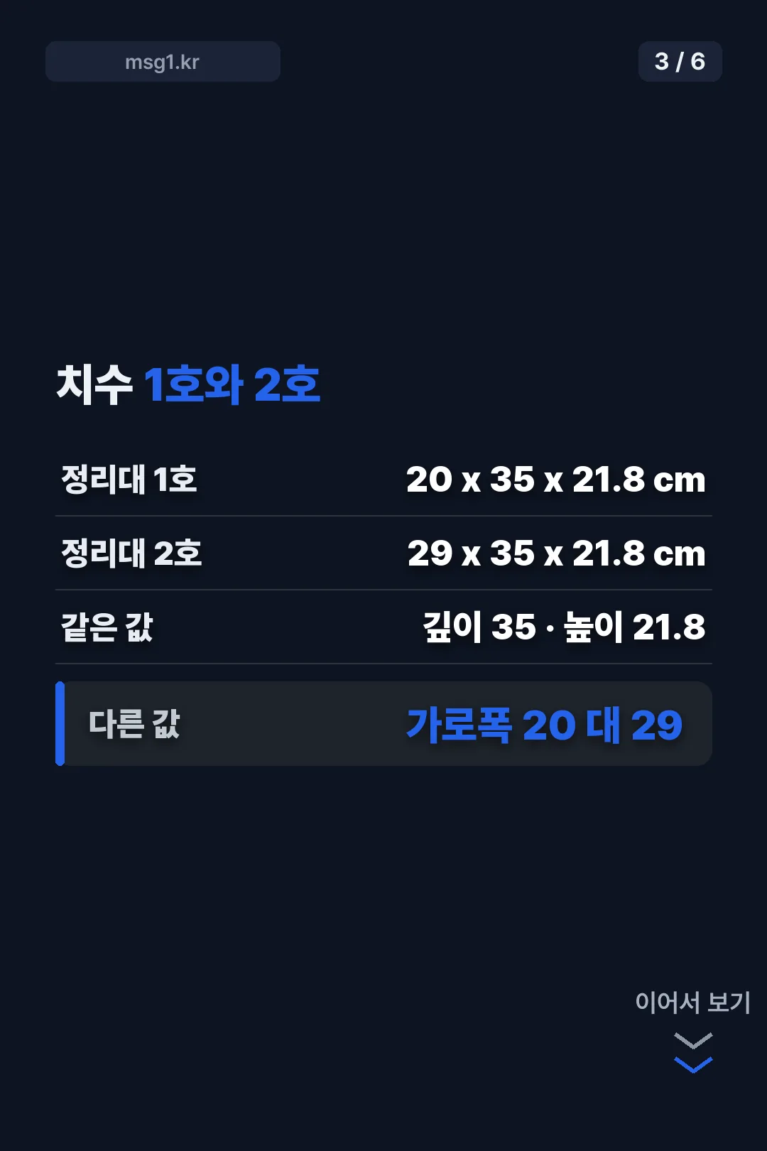 1호와 2호 치수 비교